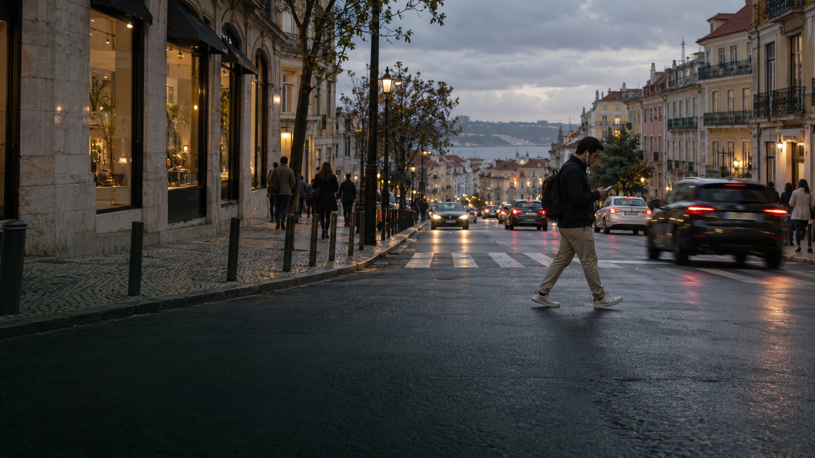 Um homem atravessa uma rua de Lisboa ao fim da tarde, a olhar para o telemóvel, entre carros e montras iluminadas, com o rio ao fundo.