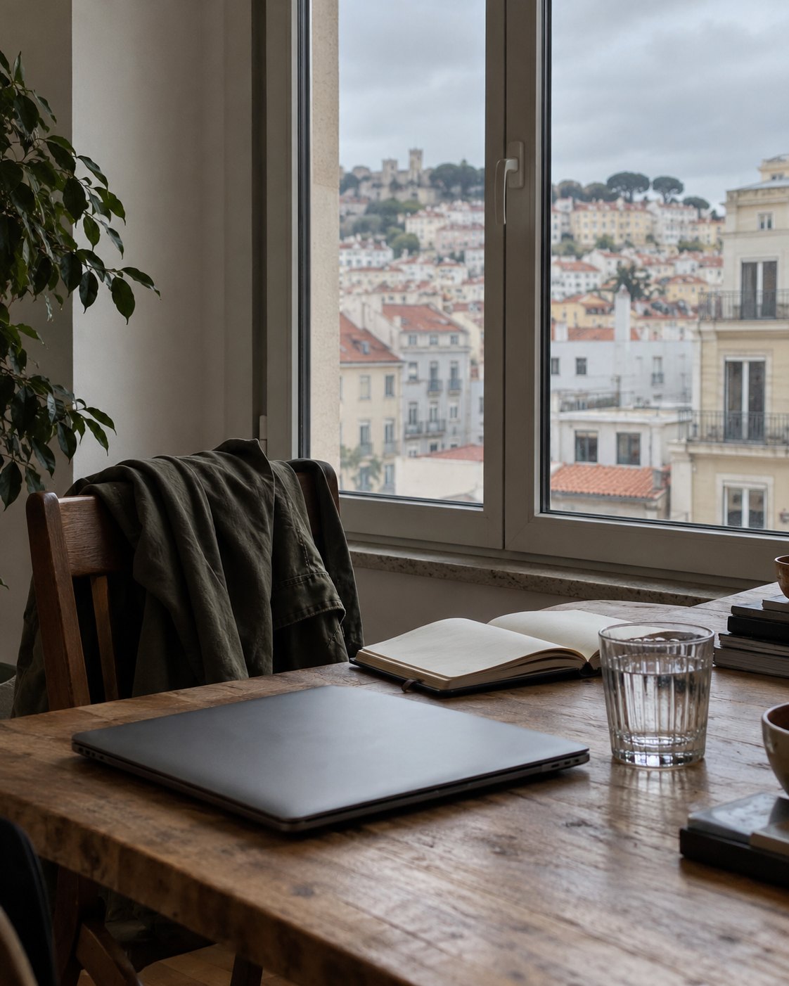 Mesa de madeira junto a uma janela sobre os telhados de Lisboa, com um portátil fechado, um caderno aberto, um copo de água e um casaco pousado na cadeira.