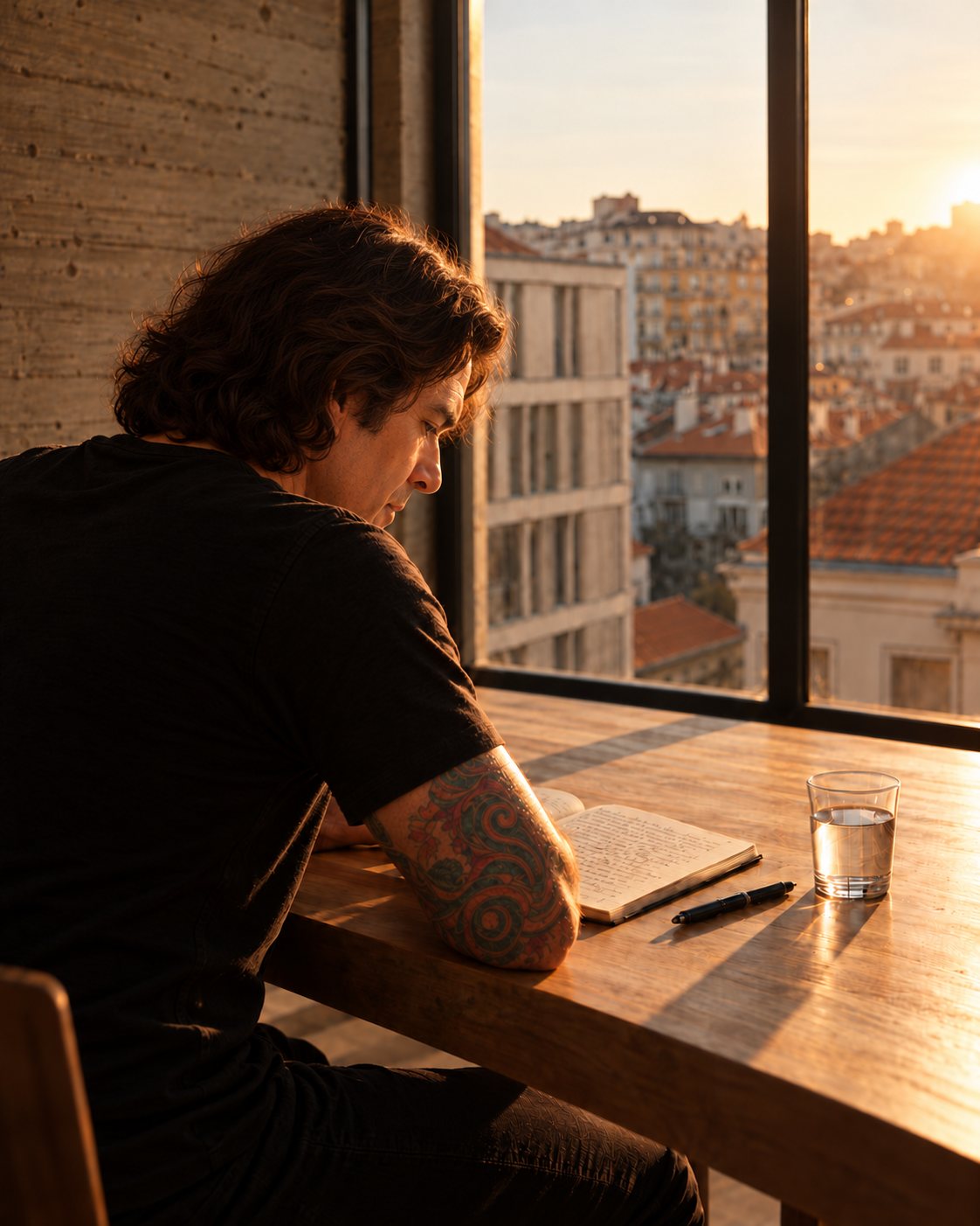 João Costta sentado a escrever num caderno, a uma mesa junto a uma janela sobre os telhados de Lisboa ao pôr do sol.