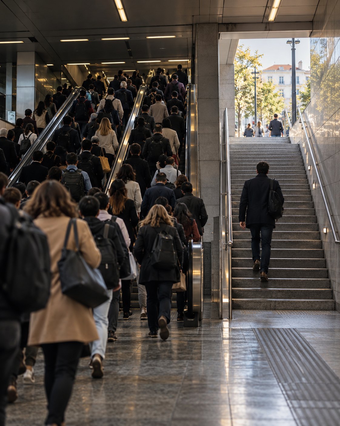 Multidão a subir as escadas rolantes de uma estação, enquanto um homem sobe sozinho pelas escadas ao lado, em direcção à luz da rua.