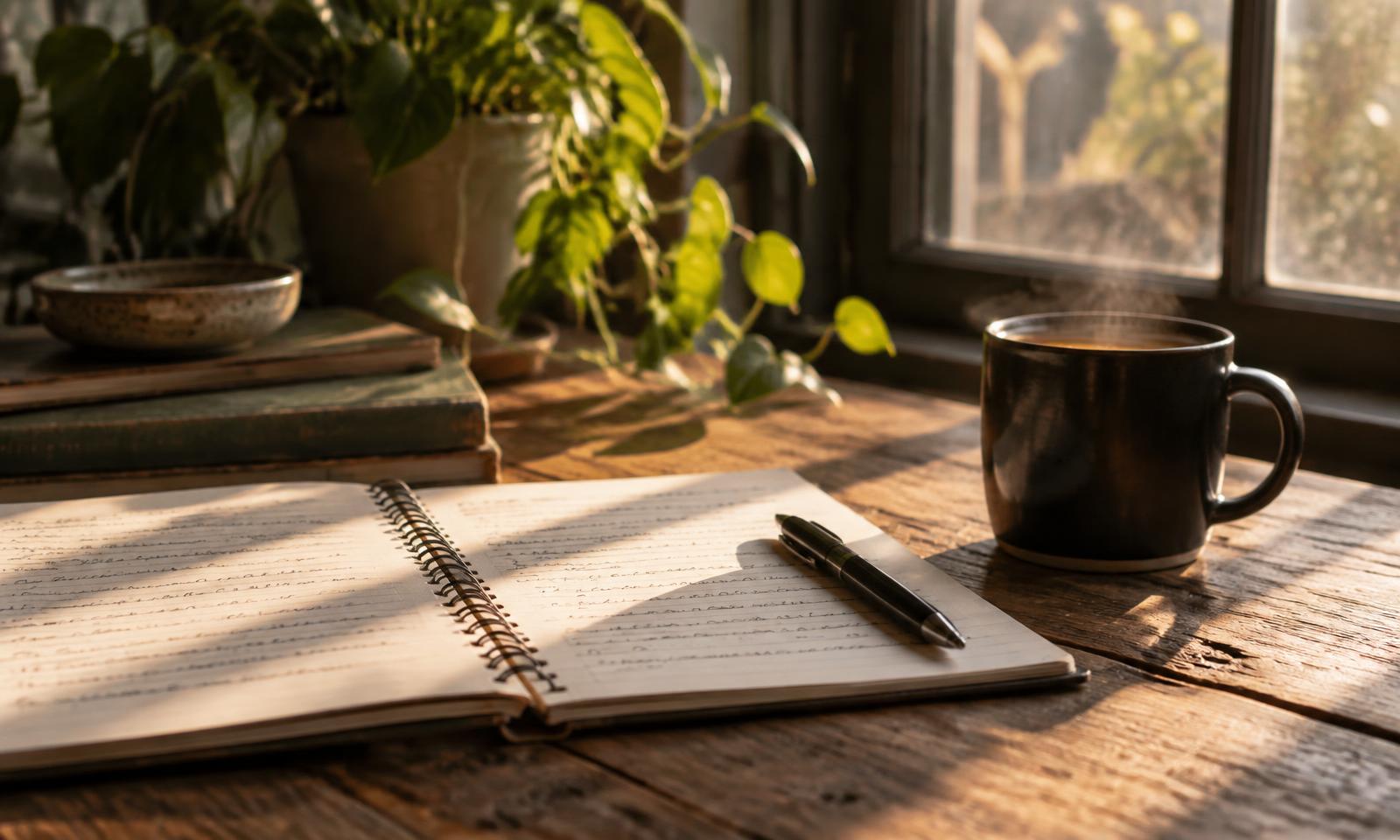 Caderno aberto com uma caneta e uma chávena escura sobre uma mesa de madeira, com luz de janela.