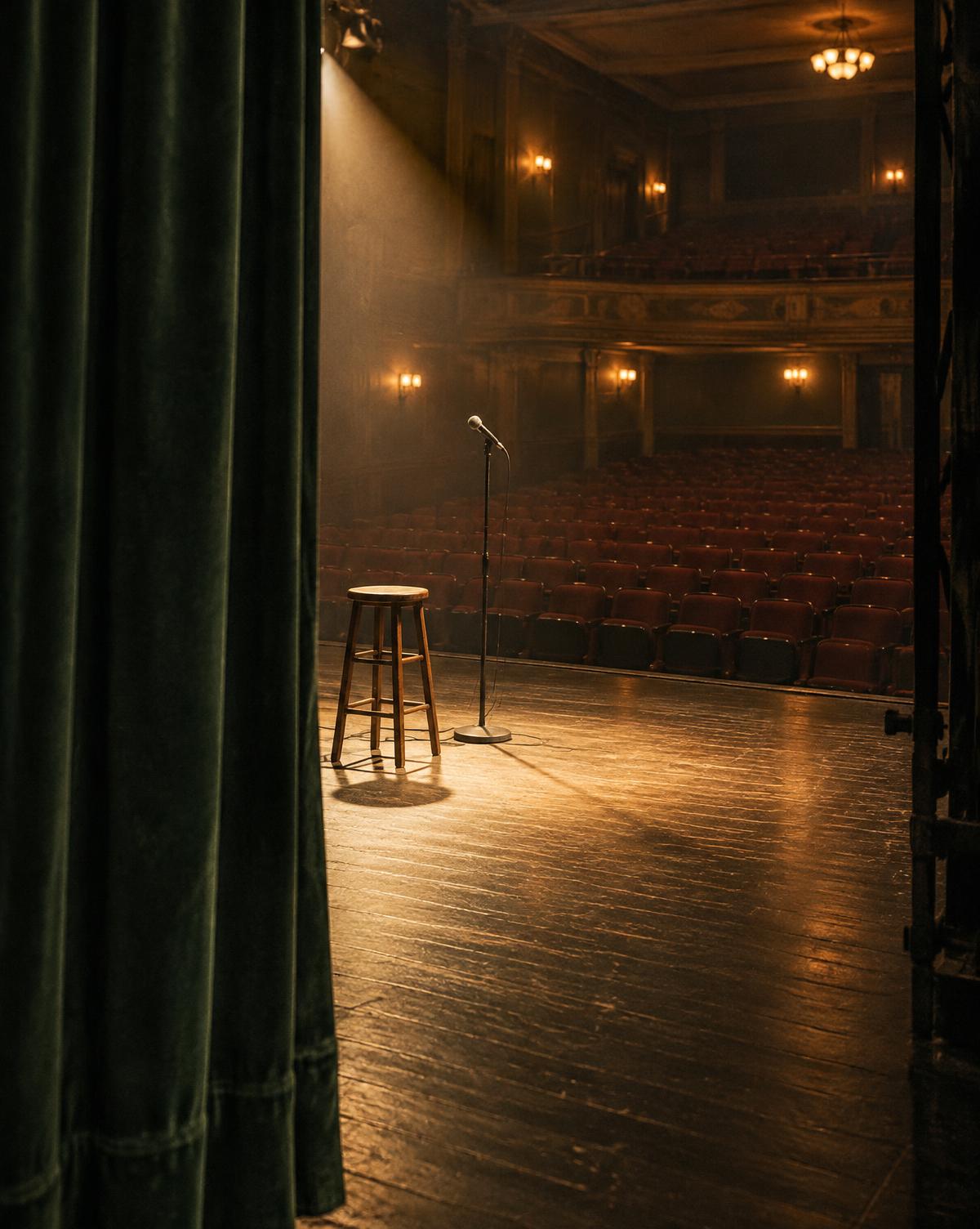 Um palco vazio visto dos bastidores, com um banco e um microfone à luz de um foco e a plateia às escuras.