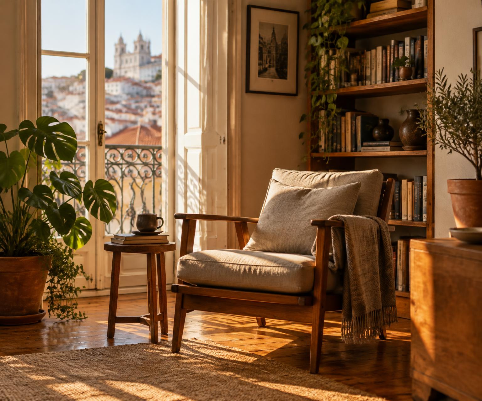Cadeirão vazio junto a uma janela, com uma mesa pequena, livros e plantas, ao fim da tarde.